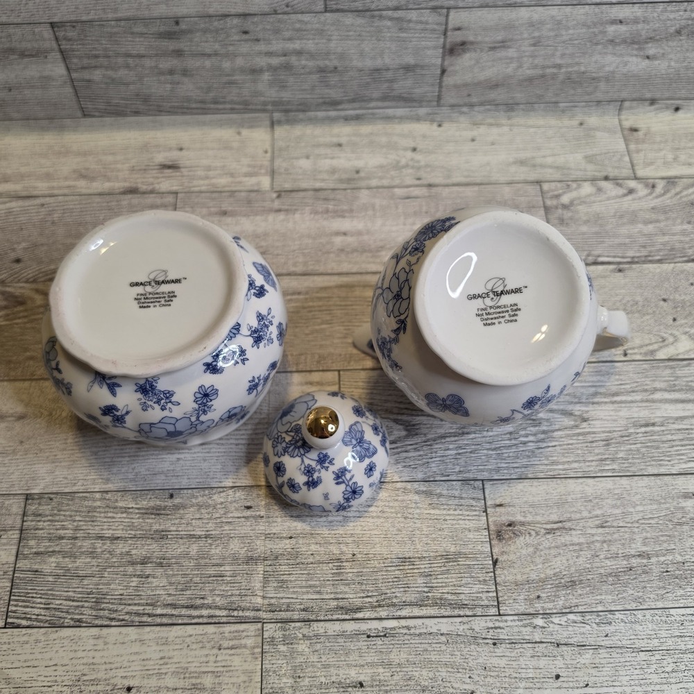Grace Teaware Blue & White Butterflies And Floral Sugar & Creamer - Picture 6 of 7